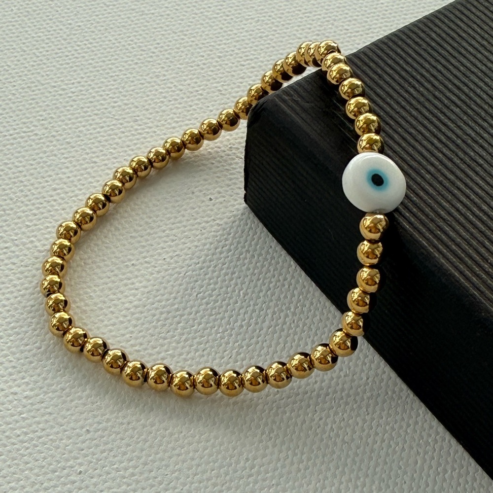 18K Gold Stainless Steel Beaded Bracelet with White Accent - Picture 5 of 7